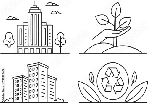 Linear illustration of ecofriendly city with building, tree, hand, plant and recycle symbol