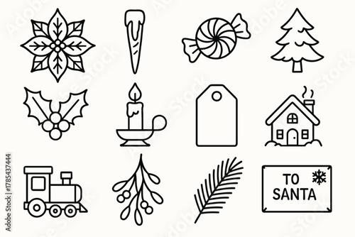 Classic Christmas Icons. Classic Christmas Aesthetic outline icon set: poinsettia flower, icicle, candy, fir tree, holly berries, candle holder, gift tag, snow covered house, toy