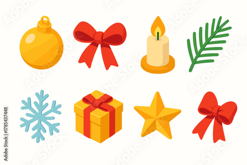 Festive Holiday Icons. Christmas Holiday Glow modern flat icon set: gold bauble, red ribbon, candle flame, pine leaves, snow crystal, gift box, golden star, festive bow.