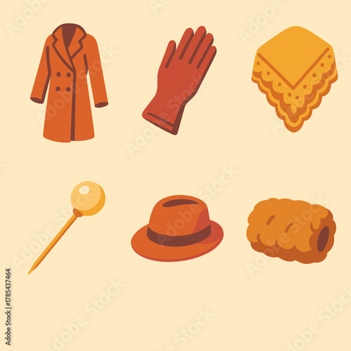 Vintage Fashion Icons. Vintage Warmth modern flat icon set: long wool coat, velvet glove, lace shawl, pearl pin, felt hat, fur muff.