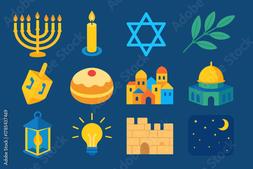 Hanukkah Symbols in Jerusalem. Hanukkah Israel Lights of Jerusalem modern flat icon set: menorah, candlelight, Star of David, olive branch, dreidel, sufganiyah, Jerusalem city,