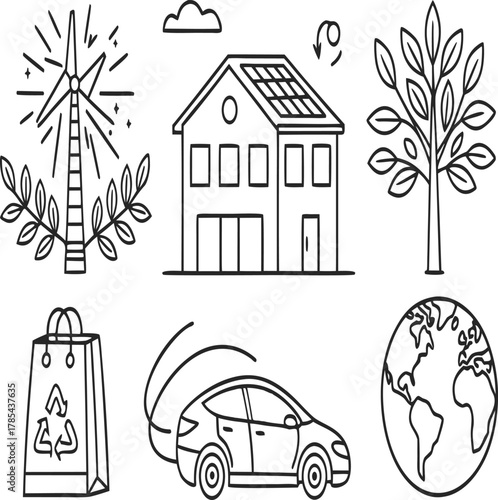 Linear illustration of ecofriendly lifestyle with wind turbine, house, tree, bag, car and earth