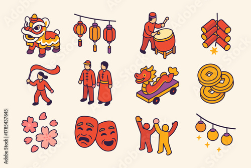 Lunar New Year Icons. Lunar New Year Street Celebration modern flat icon set: lion dance, colorful lanterns, drum player, firecrackers, waving ribbons, traditional costumes, parade
