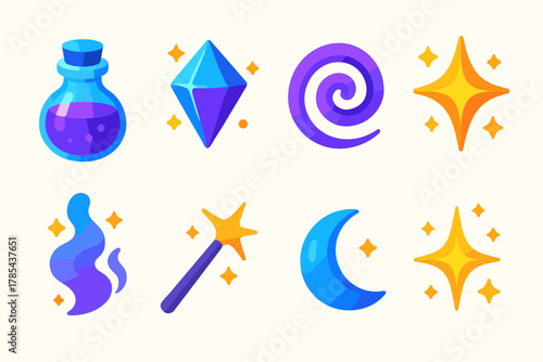 Mystic Icon Set. Mystic Spark modern flat icon set: potion flask, radiant gem, swirl energy, celestial star, glowing smoke, wand tip, moon phase, shimmer dust.