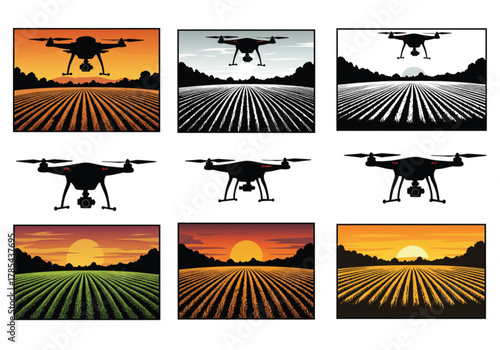 Agricultural drone flying over crop field during beautiful sunrise and sunset, modern smart farming technology vector illustration showing innovation in agriculture automation