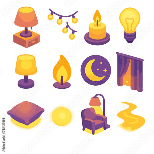 Night Light Icons. Warm Night Light modern flat icon set: nightstand lamp, fairy string, bedside candle, soft glow bulb, linen shade, flicker flame, moonlight, curtain folds, cozy