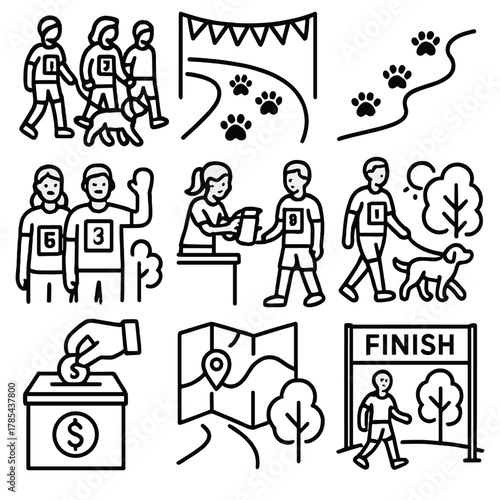 Charity Walk Icons. Charity Walk outline icon set: people walking dogs, event banner, paw print path, numbered bibs, water station, cheerful crowd, leash in hand, park setting,
