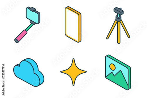 Icon Set_ Photography Tools. On-the-Go Photography modern flat icon set: selfie stick, phone screen, tripod mount, cloud icon, star sparkle, image icon.