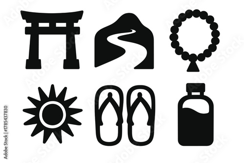 Brutalist Sacred Icons. Sacred Travel bold vector icon set: temple gate, path trail, prayer beads, sandals, sun, water bottle.