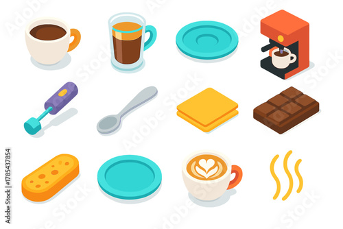 Modern Café Icons. Café Style modern flat icon set: ceramic cup, glass mug, saucer, coffee machine, milk frother, spoon, napkin, chocolate bar, biscotti, plate, latte art, steam
