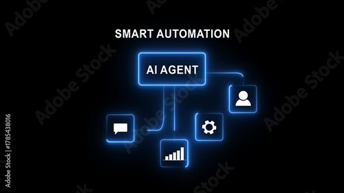 3D AI Agent Workflow for Smart Automation with Communication, Analytics, and User Icons. futuristic technology network illustration