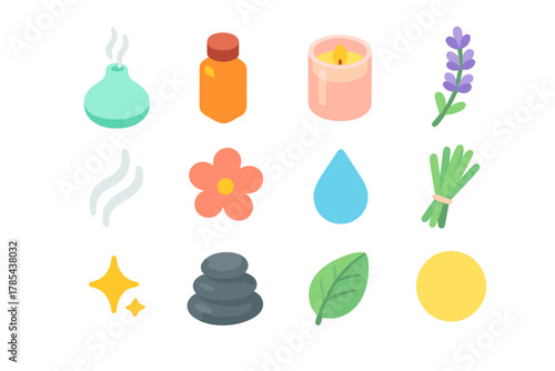 Aromatherapy Icons Set. Aromatherapy Icons modern flat icon set: diffuser, essential oil bottle, candle jar, lavender sprig, smoke trail, flower, drop of oil, herb bundle, sparkle,