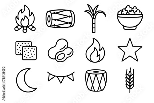 Lohri Festive Icons. Lohri Celebration outline icon set: bonfire, drum, sugarcane, popcorn, sesame sweet, peanut, flame, star, moon, garland, dhol, wheat stalk.