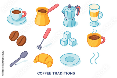 Coffee Icons Collection. Coffee Traditions modern flat icon set: espresso cup, cezve pot, moka pot, latte glass, coffee beans, milk frother, sugar cubes, steaming cup, spoon,