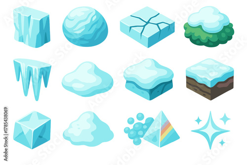 Arctic Icon Set. Arctic Details modern flat icon set: glacier wall, frozen rock texture, ice fissures, frost-covered moss, icicles cluster, white snow drift, frozen mud layer,