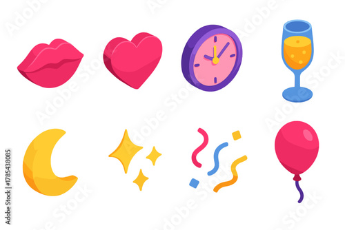 Midnight Celebration Icons. Midnight Kiss modern flat icon set: lips, heart, clock, champagne flute, moon, sparkle, confetti, balloon.