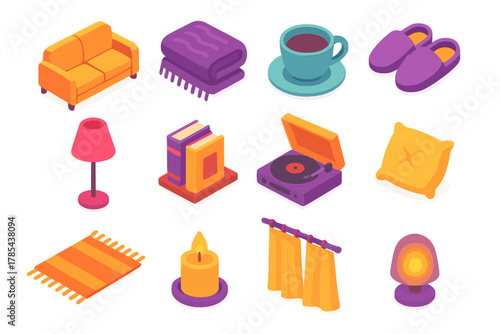 Cozy Evening Essentials. Evening Comfort modern flat icon set: sofa, soft blanket, teacup, slippers, floor lamp, bookshelf, record player, cushion, warm rug, glowing candle,