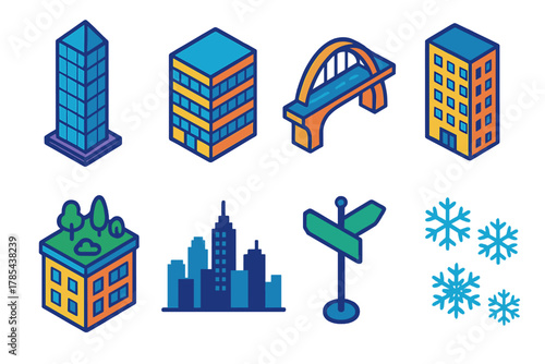 Isometric Urban Icons. Urban Architecture modern flat icon set: glass tower, office building, city bridge, apartment block, rooftop garden, skyline silhouette, street sign,
