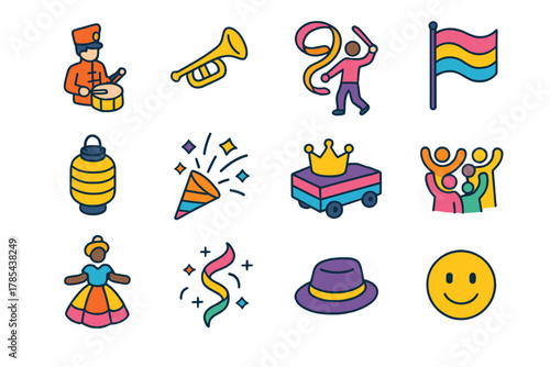 Festive Parade Icons. Festive Street Parade modern flat icon set: marching band, trumpet, ribbon dancer, colorful flag, lantern, confetti burst, parade float, crowd wave,