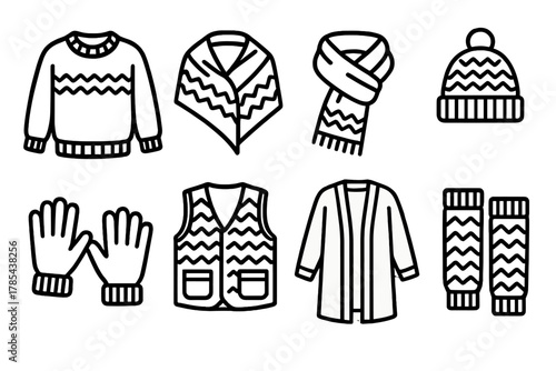 Winter Knit Icons. Winter Knit Layers outline icon set: pullover sweater, shawl wrap, thick scarf, pom hat, knit gloves, wool vest, long cardigan, leg warmers.