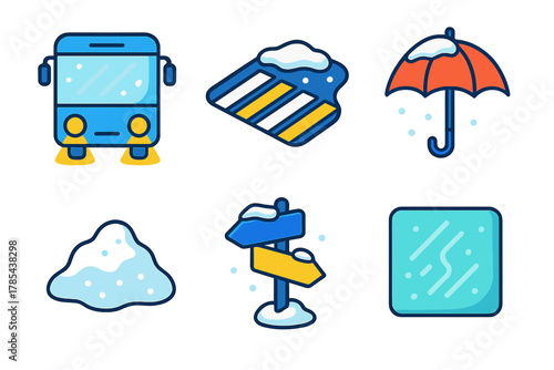 Snowy City Transit Icons. Snowy City Transit modern flat icon set: bus headlights, crosswalk, snow pile, umbrella, street sign, fogged glass.