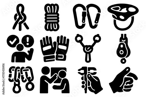 Climbing Icon Set. Technical Skills bold vector icon set: knot tying, rope coiling, carabiner set, belay device, safety checks, climbing gloves, anchor points, pulley system, gear