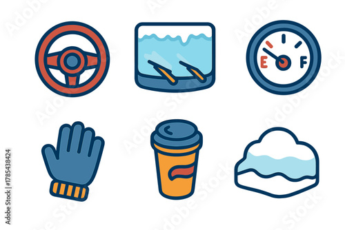 Winter Commute Icons. Cold Weather Commute modern flat icon set: steering wheel, frost-covered windshield, fuel gauge, glove, coffee cup, snowbank.