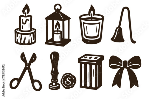 Rustic Candle Icon Set. Rustic Candle Holders bold vector icon set: wooden candle stand, metal lantern frame, glass votive, candle snuffer, wick trimmer, wax seal stamp, candle
