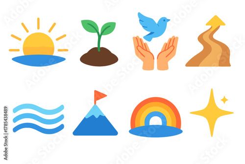 Icons of Hope. Hope and Renewal modern flat icon set: glowing sunrise, sprouting seed, hands releasing bird, path forward, gentle waves, mountain peak, rainbow arc, shining star.