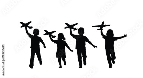 Kids playing with toy airplanes silhouette childhood imagination fun