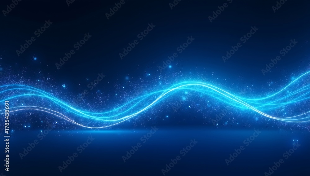 Fototapeta premium Dynamic blue energy particles forming a flowing wave, futuristic glowing motion trail on dark background, representing technology and speed.