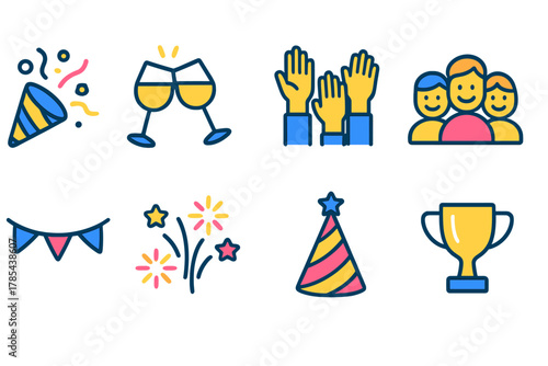 Isometric Celebration Icons. Team Celebration modern flat icon set: confetti, clinking glasses, raised hands, smiling group, banner, fireworks, party hat, trophy.