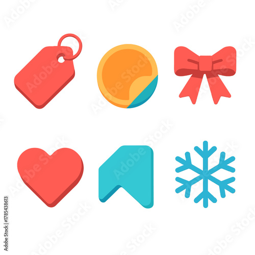 Vibrant Tag Icons. Present Tag Icons modern flat icon set: label shape, sticker, ribbon tie, heart, tag corner, snowflake.