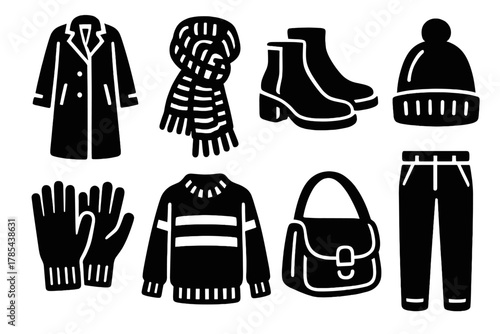 Brutalist Winter Fashion Icons. Winter Street Style bold vector icon set: long coat, knit scarf, ankle boots, beanie, gloves, layered sweater, leather bag, wool trousers.