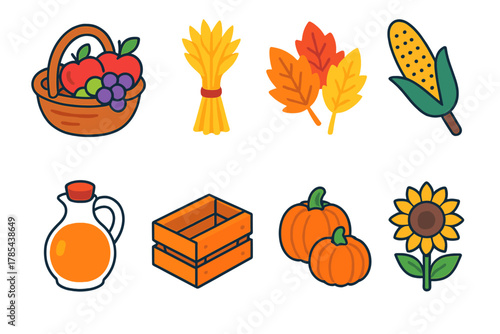 Autumn Harvest Icons. Seasonal Abundance modern flat icon set: fruit basket, grain sheaf, autumn leaves, roasted corn, cider jug, wooden crate, sunflower, pumpkin pile.