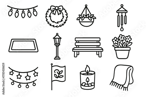 Seasonal Decor Icons. Seasonal Outdoor Decor outline icon set: string lights, porch wreath, hanging planter, wind chime, doormat, lantern post, wooden bench, potted flowers, garden