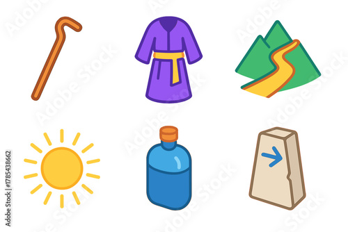 Isometric Adventure Icons. Faithful Path modern flat icon set: walking stick, robe, mountain trail, sun rays, water flask, guide stone.