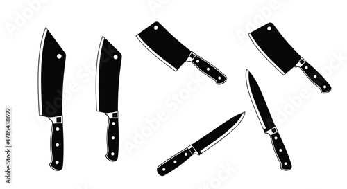 Black and white kitchen knives set butcher knife chef knife vector art