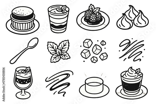 Winter Dessert Icons. Elegant Winter Desserts outline icon set: chocolate soufflé, layered parfait, raspberry coulis, meringue peaks, glass cup dessert, golden spoon, mint leaf