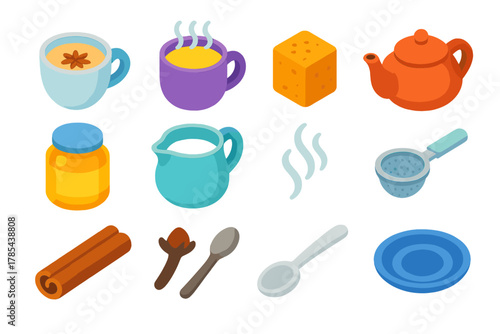 Vibrant Winter Drink Icons. Winter Beverages modern flat icon set: masala chai cup, golden milk mug, jaggery block, teapot, honey jar, milk pot, steam swirl, tea strainer, cinnamon