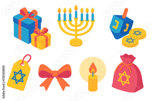 Hanukkah Celebration Icons. Festival of Lights Gifts modern flat icon set: wrapped presents, menorah with candles, dreidel, gelt coins, Star of David tag, ribbon bow, candle glow,