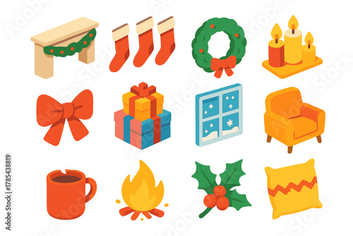 Cozy Holiday Icons. Holiday Fireplace Setting modern flat icon set: mantel garland, red stockings, pine wreath, candles, bow ribbon, gift stack, snowy window, cozy chair, mug, fire
