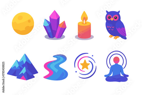 Mystical Night Icons. Mystical Night Symbols modern flat icon set: full moon, crystals, candle flame, owl, mountain ridge, flowing river, star trail, peaceful aura.