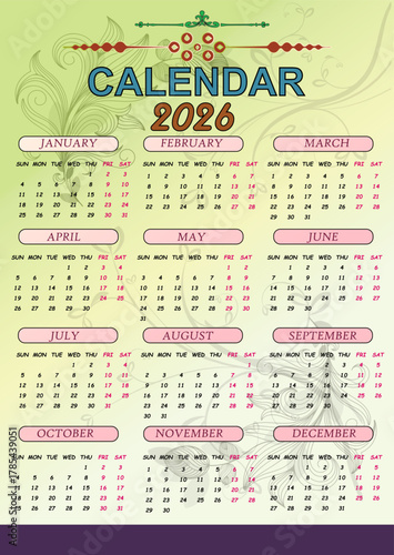 Monthly calendar layout for 2026 year. Diary planner for 2026 year. Week Starts on Sunday.