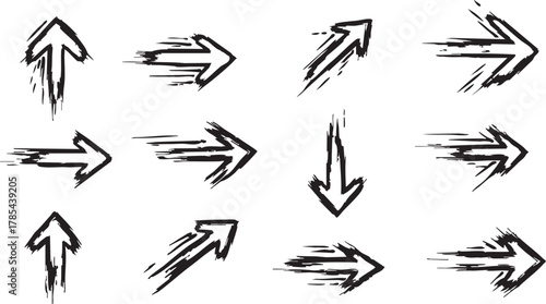 Dynamic fast speed arrows collection featuring distressed brush strokes and motion blur effect indicating rapid progress