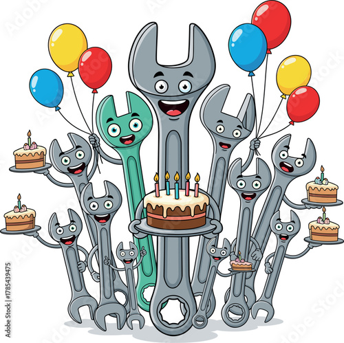 Happy birthday celebration with anthropomorphic hammers and gifts