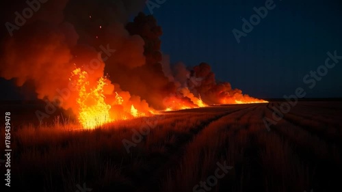 Wildfire rages across dry field at night, intense flames and smoke billowing into dark sky, dramatic natural disaster unfolding