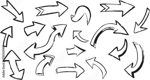 Collection of thin black ink hand drawn varied direction arrows showing turning movement and up down signals vector illustration