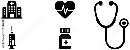 Essential healthcare icons showcase hospital, heart, stethoscope, pills, and vaccine shot