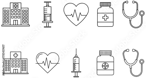 Essential healthcare symbols showcasing medicine, hospital, treatment, and diagnosis